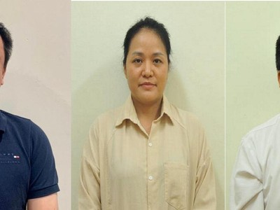 Từ trái qua phải: Bị can Trần Tuấn Vinh, Phan Thị Thu Thủy, Trần Vinh Quang. Ảnh: BCA