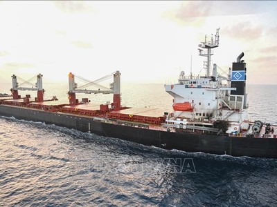 Tàu Genco Picardy sau khi bị tấn công trên Vịnh Aden ngày 18/1/2024. Ảnh: AFP/TTXVN