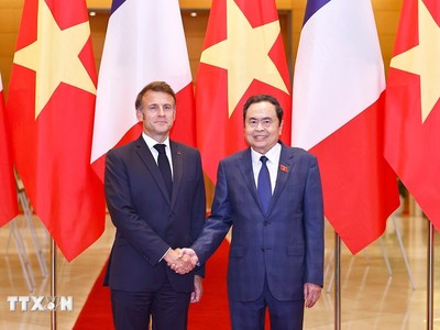 Chủ tịch Quốc hội Trần Thanh Mẫn và Tổng thống Pháp Emmanuel Macron. Ảnh: TTXVN