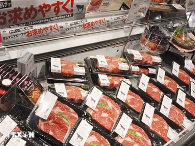 Thịt bò được bày bán tại siêu thị ở Tokyo, Nhật Bản. (Ảnh: Kyodo/TTXVN)