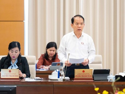 Chủ nhiệm Ủy ban Pháp luật và Tư pháp Hoàng Thanh Tùng trình bày báo cáo thẩm tra.