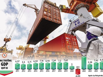Lĩnh vực thương mại góp phần quan trọng, thúc đẩy tăng trưởng GDP khi tổng kim ngạch xuất nhập khẩu 9 tháng qua tăng 17,3% so với cùng kỳ năm trước. Ảnh: Đức Thanh. Đồ họa: Đan Nguyễn