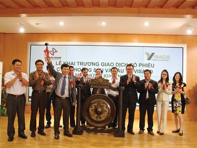 Ban lãnh đạo VMI và đại diện HNX đánh cồng khai trương giao dịch cổ phiếu VMI