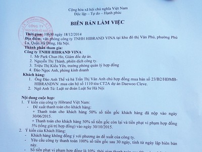  Văn bản làm việc giữa chủ đầu tư Deawoo Cleve với khách hàng