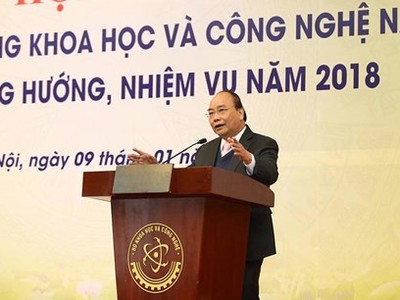 Thủ tướng Nguyễn Xuân Phúc phát biểu chỉ đạo tại Hội nghị tổng kết hoạt động khoa học và công nghệ năm 2017. Ảnh: VOV