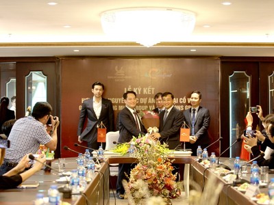 Lãnh đạo Tập đoàn Tân Hoàng Minh và Coteccons tại buổi lễ ký kết hợp đồng nguyên tắc tổng thầu thiết kế và thi công Dự án Nam Đại Cồ Việt