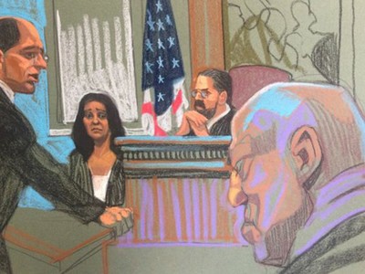 Ký họa cảnh luật sư hỏi nhân chứng. Ảnh: BBC