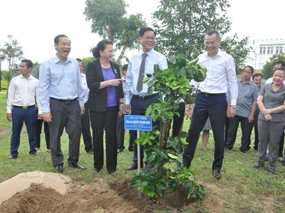 Chủ tịch Quốc hội Nguyễn Thị Kim Ngân cùng lãnh đạo tỉnh Phú Yên trồng cây lưu niệm.