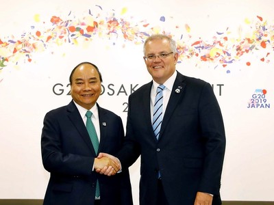 Thủ tướng Nguyễn Xuân Phúc gặp Thủ tướng Australia Scott Morrison nhân chuyến tham dự Hội nghị cấp cao G20 tại Nhật Bản vào tháng 6/2019 (Ảnh: TTXVN)