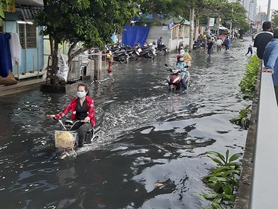 Ngập nước do triều cường trên đường Nguyễn Lương Bằng (Quận 7) hồi cuối năm 2019 (ảnh: Trọng Tín)