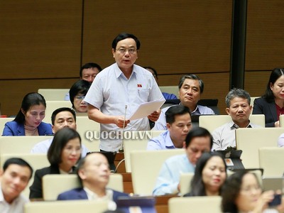 Đại biểu Hoàng Đức Thắng, Trưởng đoàn đại biểu Quốc hội tỉnh Quảng Trị tranh luận tại hội trường. 