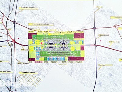 Mặt bằng quy hoạch tổng thể sân bay Long Thành và 2 tuyến đường giao thông kết nối. 