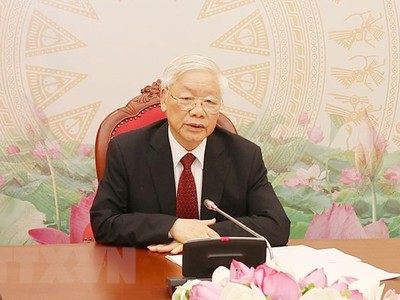 Tổng Bí thư, Chủ tịch nước Nguyễn Phú Trọng điện đàm trực tiếp với Tổng Bí thư, Chủ tịch nước Lào Bounnhang Vorachith. Ảnh: TTXVN