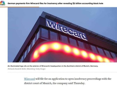 Hãng tin CNBC đưa tin Wirecard phá sản, với ảnh chụp trụ sở Wirecard tại Đức.