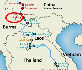 Vị trí của thủy điện Cảnh Hồng (Jinghong). Các chấm tròn là vị trí các đập. Đồ họa: Michael Buckley