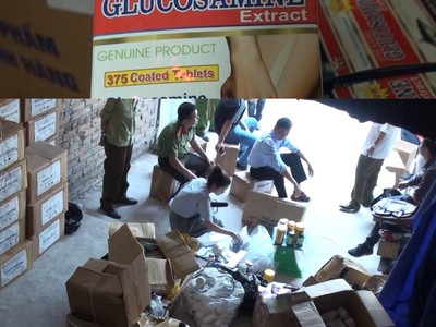 Lực lượng liên ngành thu giữ nhiều thực phẩm chức năng không có hóa đơn chứng từ cùng nhiều tang vật làm giả. Ảnh:ANTV/Ban 389 quốc gia