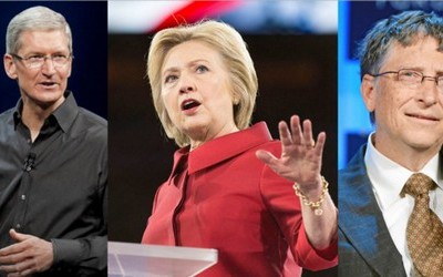 Tim Cook (trái) và Bill Gates (phải) có thể làm Phó Tổng thống nếu bà Hillary Clinton (giữa) lên lãnh đạo nước Mỹ.