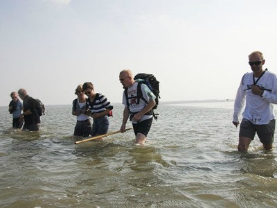 Du khách trải nghiệm "đi bộ" trên biển Wadden khi nước đang rút dần. Ảnh: Flickr.