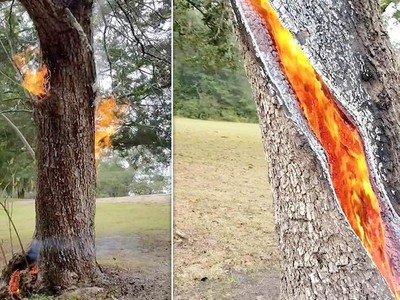 Thân cây tách đôi bốc cháy từ bên trong
