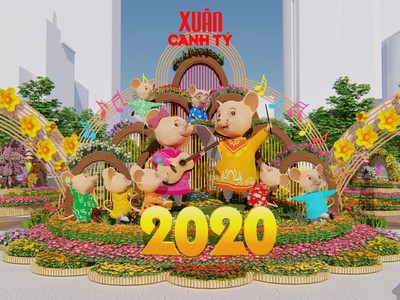 Phối cảnh chuột chào mừng du khách ngay tại cổng chính đường hoa.