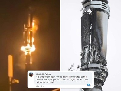 Tin giả gây kích động, khiến các trạm phát sóng 5G ở Anh bị đốt. Ảnh: Thesun.