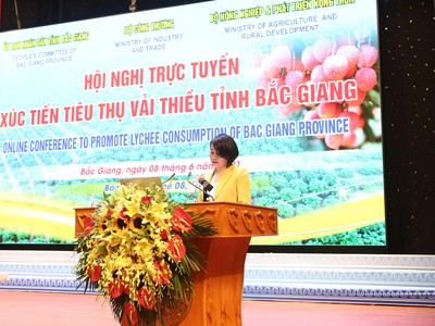 Bà Nguyễn Thị Phương – Phó tổng giám đốc thường trực Công ty VinCommerce đã cam kết thu mua 2.000 tấn vải thiều Lục Ngạn.