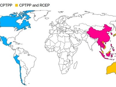 Bản đồ của CPTPP (xanh) và RCEP (đỏ), các quốc gia tham gia cả 2 hiệp định có màu vàng