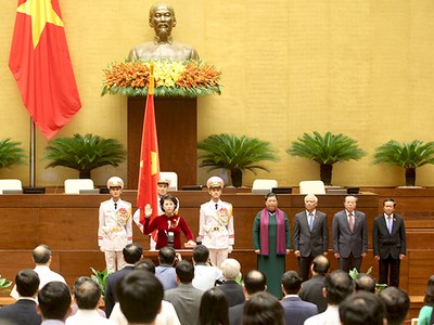 Lễ nhậm chức của Chủ tịch Quốc hội khóa XIV Nguyễn Thị Kim Ngân diễn ra sáng 22/7. Ảnh: VGP/Nhật Bắc