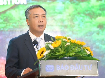 Ông Lê Trọng Minh, Tổng Biên tập Báo Đầu tư phát biểu khai mạc Hội thảo "Tiên phong chuyển đổi kép vì một Việt Nam xanh hơn". Ảnh Dũng Minh.