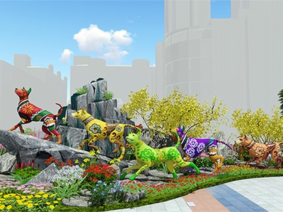 Đàn chó Phú Quốc đang chuyển động ở bên trái đường hoa Nguyễn Huệ Tết 2018. Ảnh: Ban tổ chức.