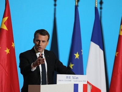 Tổng thống Pháp Macron hôm qua phát biểu tại Cung Đại Minh ở Tây An. Ảnh: AFP.