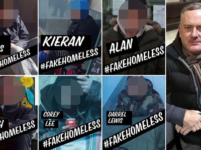 Một số người đóng giả ăn xin mà ông Ashley Sims (bên phải) đã điều tra và công bố ảnh trên truyền thông. (Nguồn: Daily Mail)