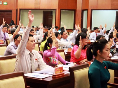 Các đại biểu HĐND TP HCM biểu quyết thông qua tờ trình tăng mức phí đậu ôtô dưới lòng đường, vỉa hè. Ảnh: Trung Sơn