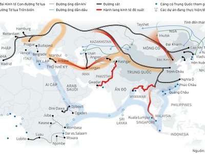Sáng kiến Vành đai và Con đường của Trung Quốc. Đồ họa: Việt Chung. (Nhấn vào hình để xem cỡ lớn)