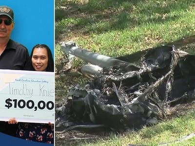 Ông Timothy Kniess trúng số trị giá 100.000 USD và chiếc trực thăng ông mua bằng tiền trúng thưởng đó cháy rụi ngay trước sân nhà. (Nguồn: Fox News)