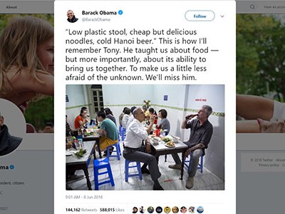 Cựu tổng thống Obama tiếc thương đầu bếp Mỹ Anthony Bourdain trên Twitter ngày 8/6. Ảnh chụp màn hình.