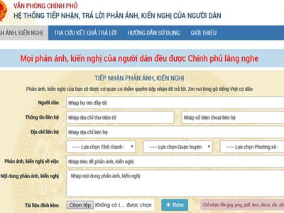 Giao diện hệ thống tiếp nhận, trả lời phản ánh, kiến nghị của người dân được Văn phòng Chính phủ thiết lập tháng 4/2017.