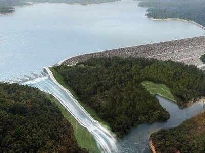 Hình mô phỏng đập nước thủy điện Xe Pian-Xe Namnoy khi hoạt động năm 2019. Đồ họa: PNPC.