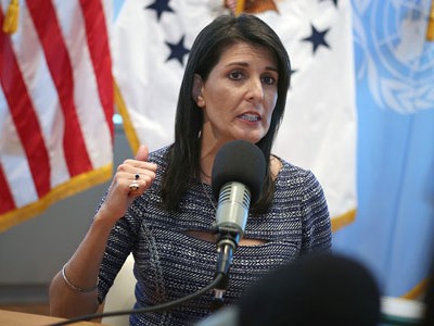 Đại sứ Haley phát biểu tại phiên họp của Liên Hợp Quốc tháng 6/2018. Ảnh: Politico.