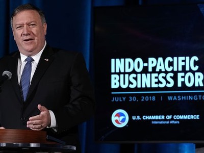 Ngoại trưởng Pompeo phát biểu tại Diễn đàn Doanh nghiệp Ấn Độ - Thái Bình Dương tại Washington ngày 30/7 (Ảnh: Getty).