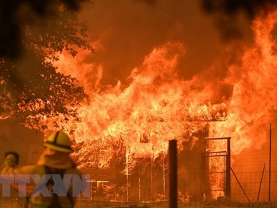 Lửa bốc dữ dội tại một căn nhà khi cháy rừng lan tới quần thể Mendocino ở Lakeport, California ngày 30/7. (Ảnh: AFP/TTXVN)