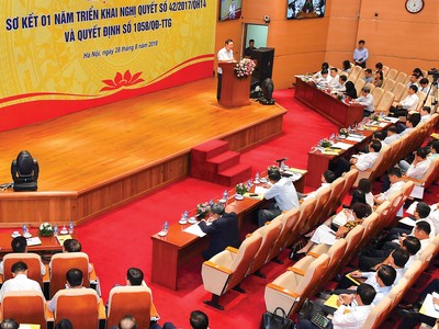 Quang cảnh Hội nghị “Sơ kết 1 năm triển khai Nghị quyết số 42/2017/QH 14 và Quyết định số 1058/QĐ-TTg”.