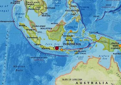 Động đất xảy ra ngoài khơi đảo Java và Bali của Indonesia sáng 11/10. Ảnh: USGS.