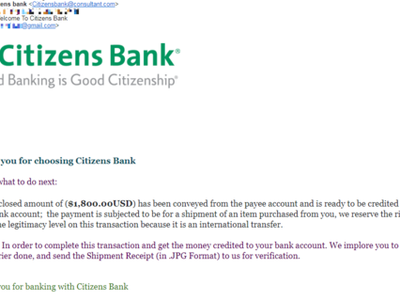 Email mạo danh Citizens Bank yêu cầu chị Mỹ gửi hóa đơn chứng minh đã chuyển hàng để nhận tiền.