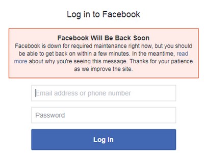 Thông báo bảo trì trên trang đăng nhập Facebook.