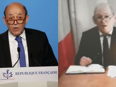 Bộ trưởng Pháp (trái) và kẻ mạo danh đeo mặt nạ qua cuộc gọi video. Ảnh: Getty.