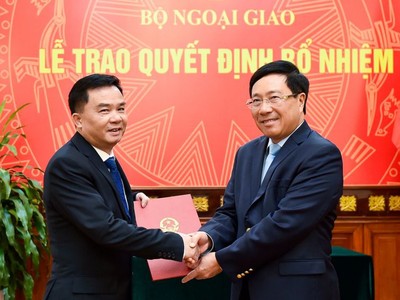 Phó Thủ tướng, Bộ trưởng Bộ Ngoại giao Phạm Bình Minh trao quyết định bổ nhiệm ông Hoàng Tùng.