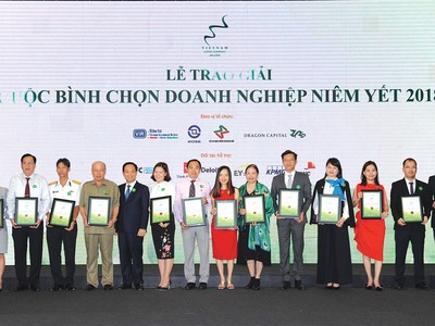 Lãnh đạo Ủy ban Chứng khoán Nhà nước, HOSE và Dragon Capital vinh danh các doanh nghiệp niêm yết trong Lễ trao giải 2018.