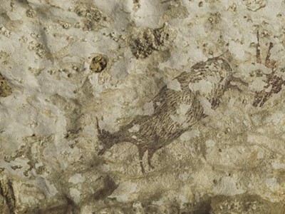 Một góc bức tranh vẽ chuyến săn thú trong hang Leang Bulu' Sipong 4. Ảnh: UPI.