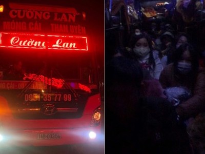 Chiếc xe chạy tuyến Quảng Ninh - Lai Châu vi phạm chở 78/47 hành khách. (Ảnh: PV/Vietnam+).